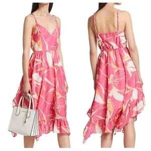 Milly Britney Stencil Floral Print Silk Blend Midi Dress Pink Orange Size 8 NWT